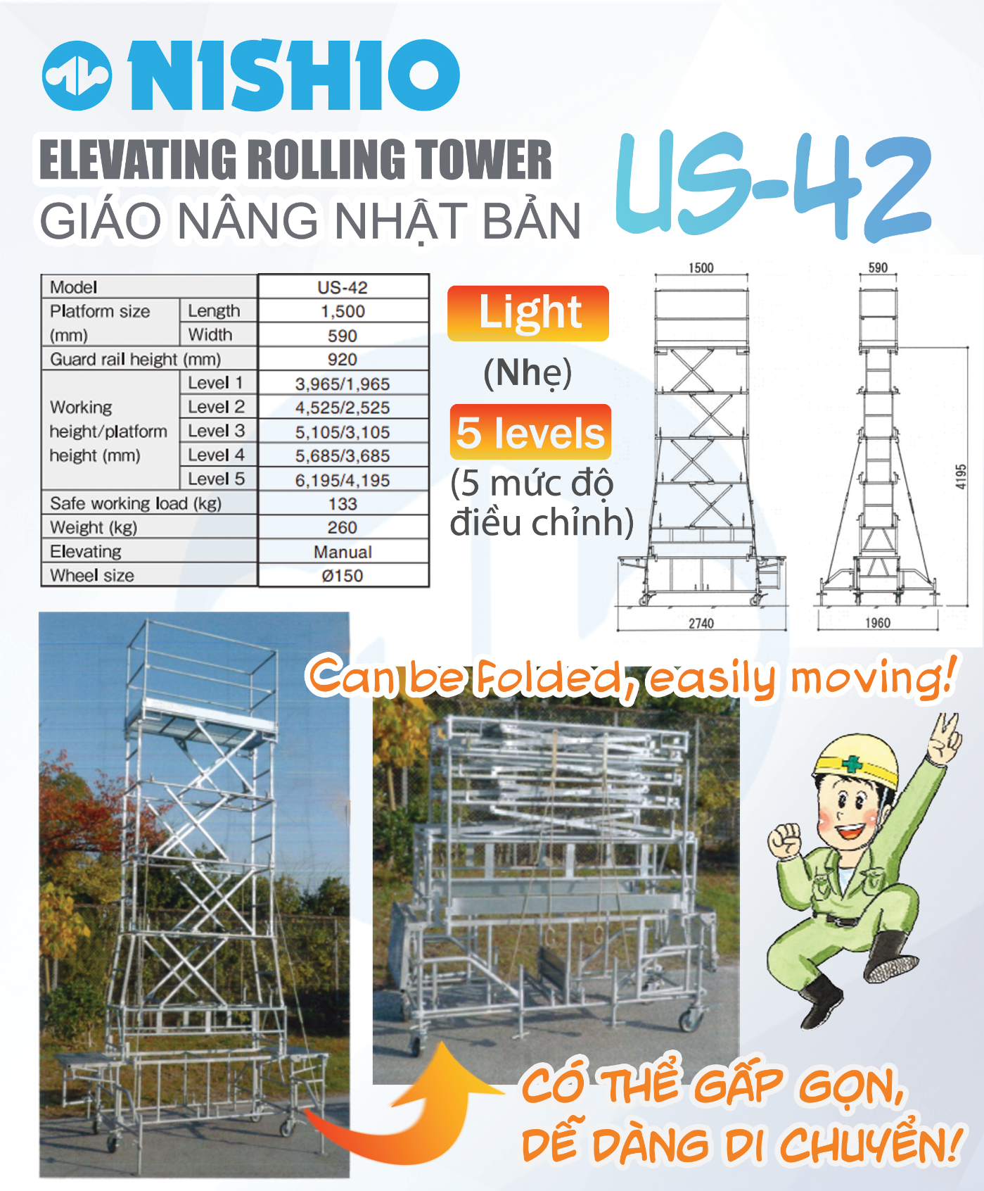 Thông số giàn giáo nâng di động US-42 NISHIO