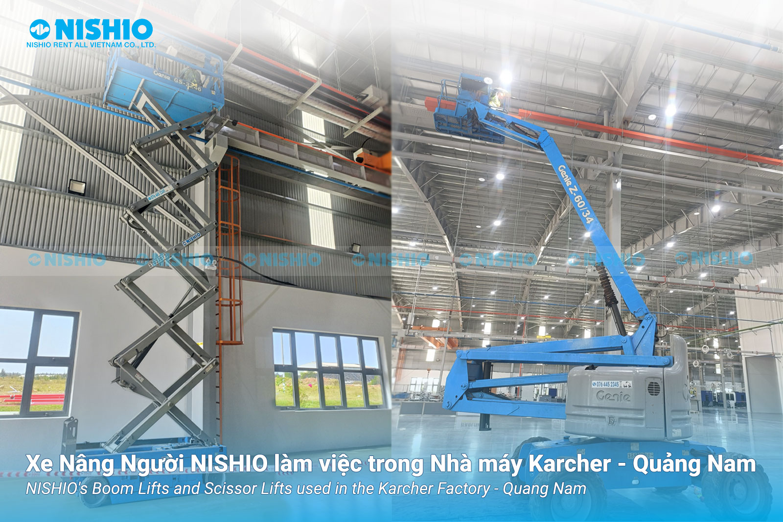 カーチャー清掃機器工場（クアンナム）で使用されているNISHIOのブームリフトおよびシザースリフト