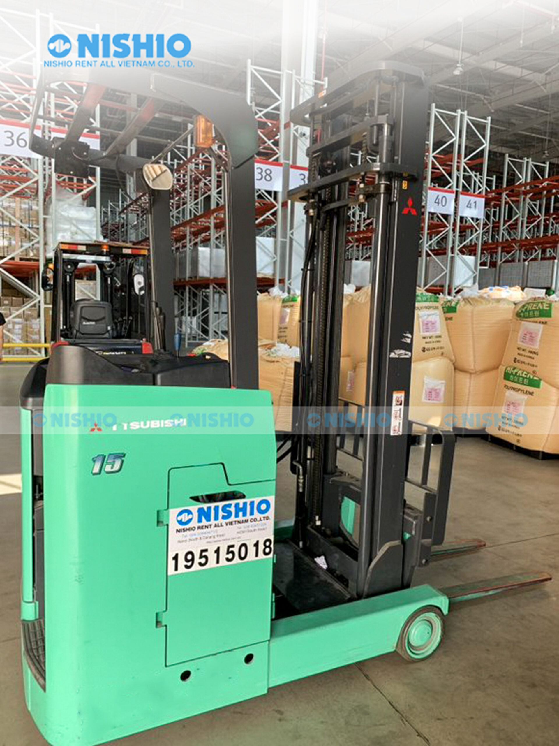 NISHIO Reach Truck in logistics warehouse
