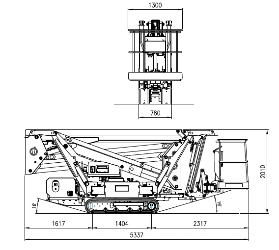 Hình ảnh: Mô tả kích thước của Xe Nâng Người Chân Nhện CTE Traccess 230-75