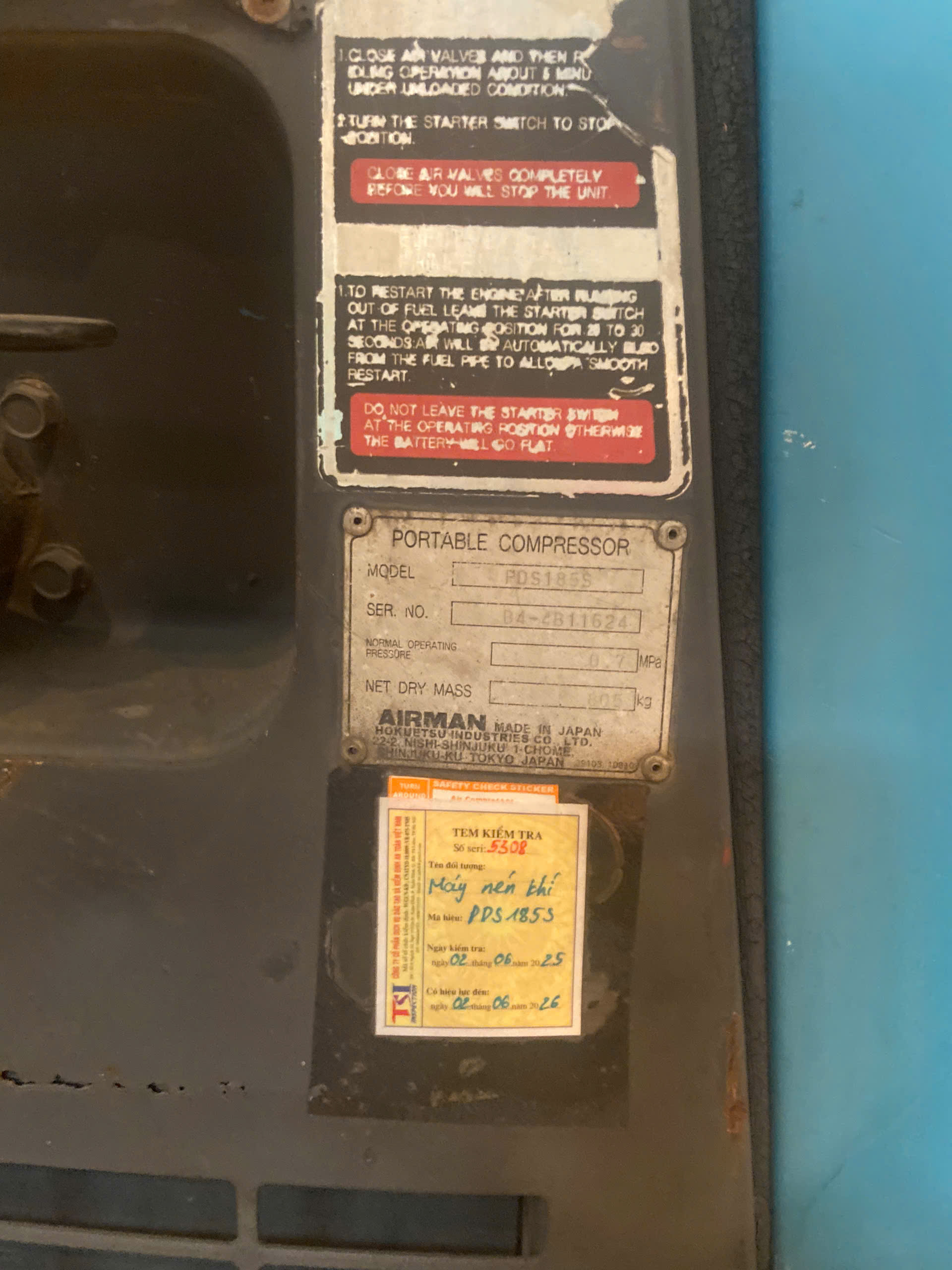 MÁY NÉN KHÍ DI ĐỘNG CŨ AIRMAN PDS185S