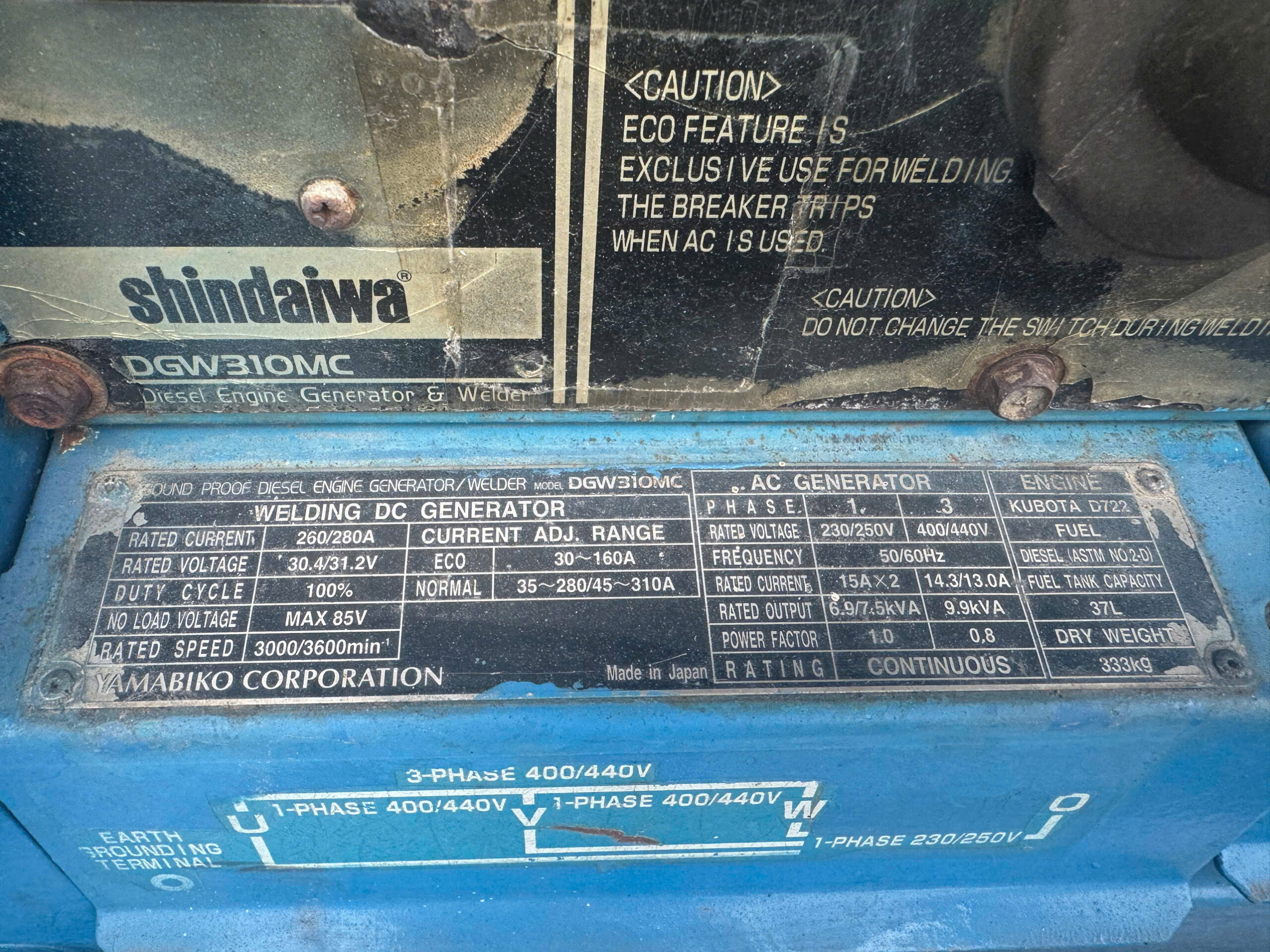 USED GENERATOR 9.9kVA SHINDAIWA DGW310MC