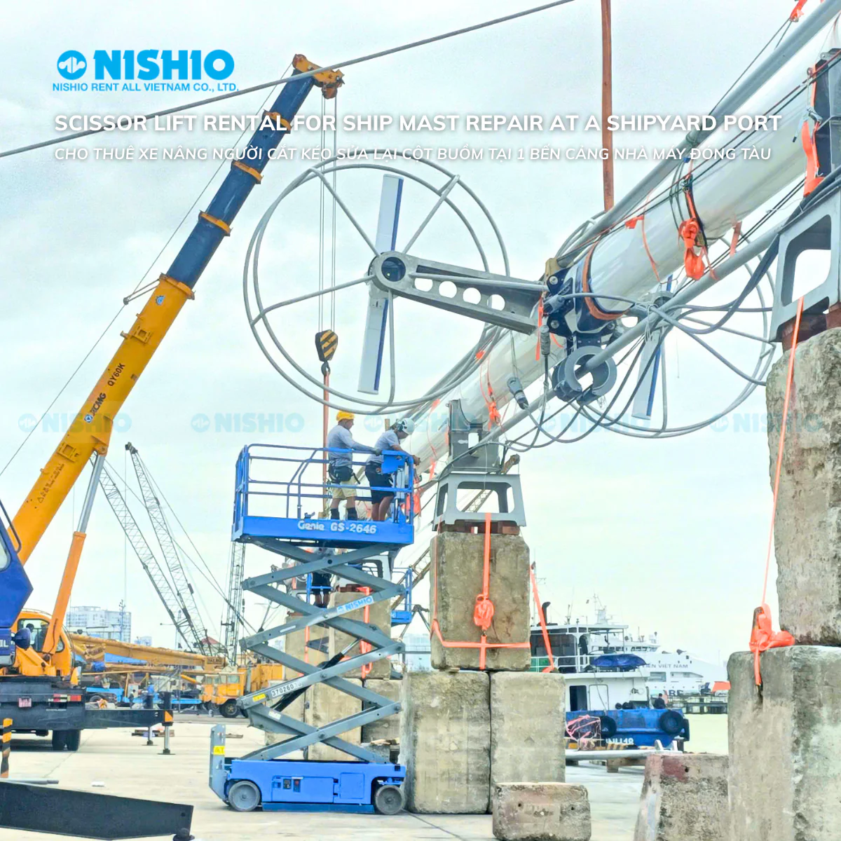 Scissor Lift Rental for Ship Mast Repair at the Port in Vietnam